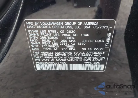 2023 Volkswagen Atlas Cross Sport 3.6L V6 Sel z USA, uszkodzony, nr VIN 1V2BE2CA3PC227409